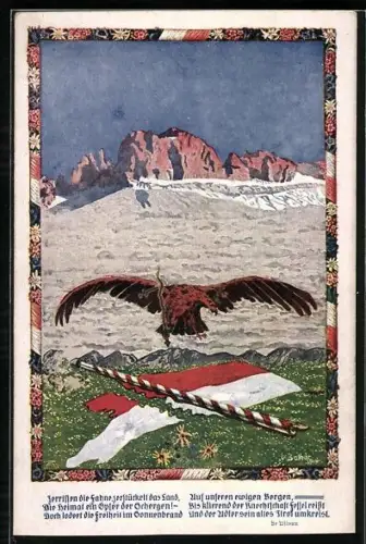 Künstler-AK Adler in den Alpen über zerrissener Tiroler Flagge