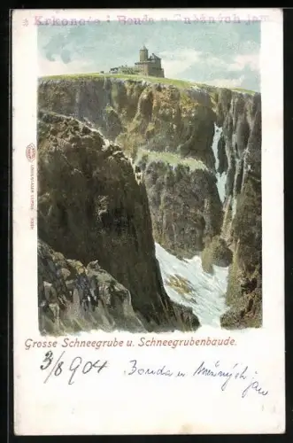 AK Riesengebirge, Schneegruben-Baude mit Grosser Schneegrube
