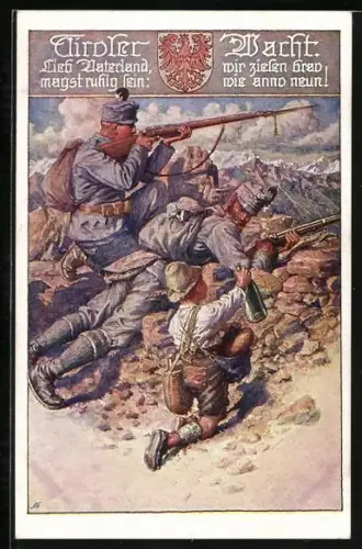 AK Deutscher Schulverein NR. 791: Junge reicht österr. Soldaten in Feuerstellung eine Flasche Wasser