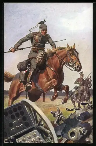 Künstler-AK O. Merte: Kavallerist im Angriff