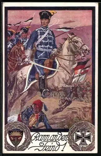 AK Deutscher Schulverein Nr. 685: Ran an den Feind!, Kavallerie reitet Feind nieder