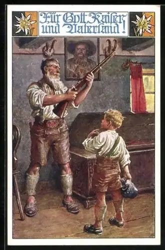 AK Deutscher Schulverein Nr. 789: Für Gott, Kaiser und Vaterland!, Vater mit Gwehr und seinem Sohn