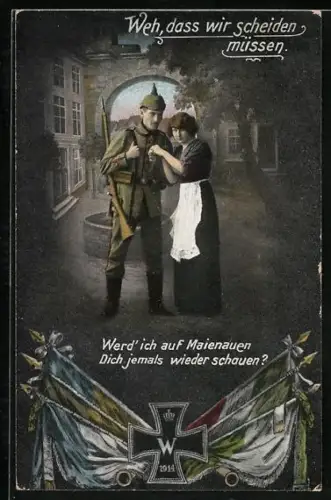 AK Mädchen verabschiedet Soldat in den Krieg, Eisernes Kreuz und Fahnen