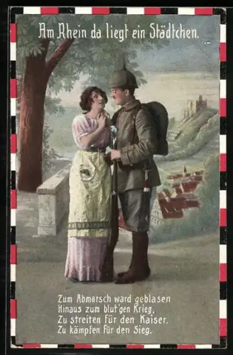 AK Soldat in Uniform mit Pickelhaube verabschiedet sich von seiner Liebsten