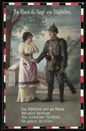 AK Am Rhein da liegt ein Städtchen, Das Städtchen dort am Rheine..., Soldat mit Frau, Soldatenliebe