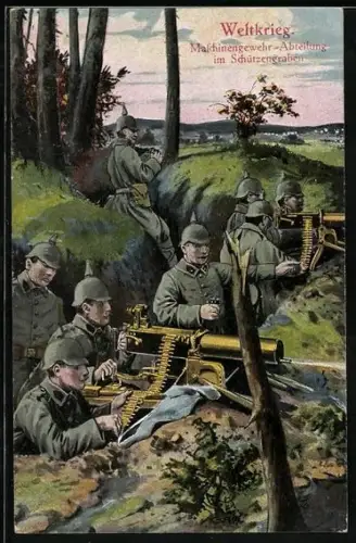 AK Maschinengewehr-Abteilung im Schützengraben, MG-Stellungen eröffnen das Feuer