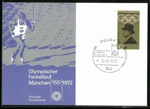 AK Olympischer Fackellauf München 1972, orange & lila