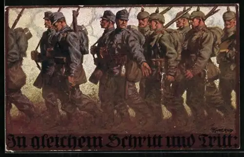 Künstler-AK Franz Kuderna: Soldaten in Uniform mit Gewehren beim Marsch