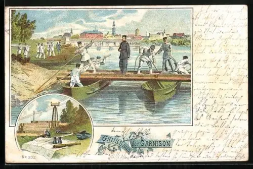 AK Gruss aus der Garnison, Soldaten beim Brückenbau, Landkarte und Fernrohr