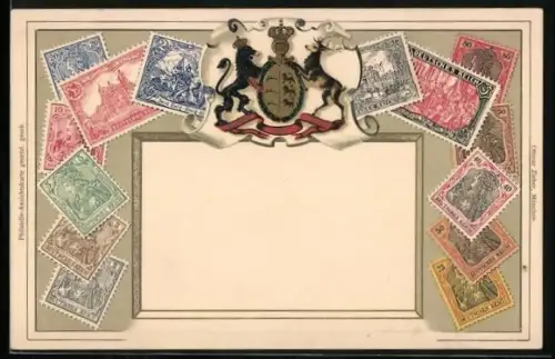 Lithographie Briefmarken vom Deutsches Reich und Wappen von Baden-Württemberg