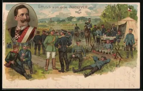 Lithographie Kaisermanöver, Soldaten machen Rast, Kaiser Wilhelm II. Portrait