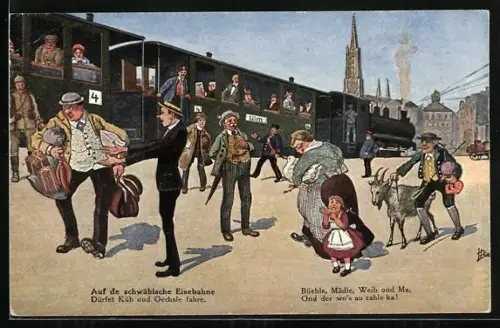 Künstler-AK Hans Boettcher: die schwäbsiche Eisenbahn am Bahnhof Ulm