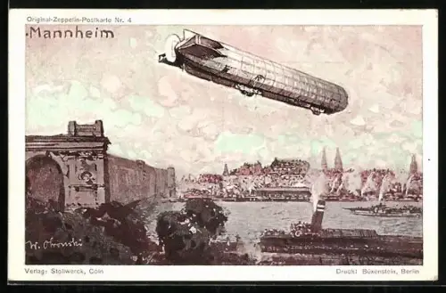 Künstler-AK Mannheim, Zeppelin über der Stadt, Reklame Stollwerck