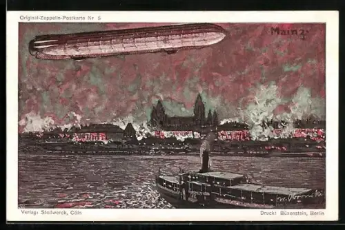 Künstler-AK Mainz, Zeppelin über der Stadt, Dampfer auf dem Rhein