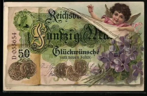 AK Reichsbanknote Fünfzig Mark, Engel und Blumen, Glückwünsche zum neuen Jahre