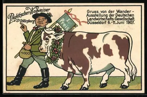 AK Düsseldorf, Wanderausstellung der DLG 1907, Züchter mit prämiertem Zuchtbullen