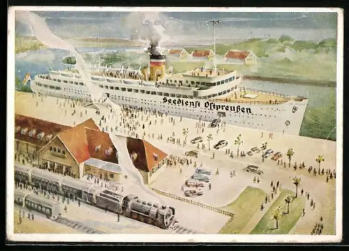 AK Passagierschiff Seedinst Ostpreussen an der Anlegestelle, Eisenbahn