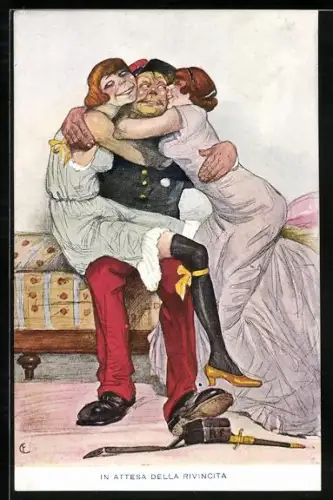 Künstler-AK Soldat mit zwei jungen Damen im Arm