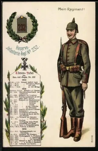 AK Soldat des Reserve-Infanterie-Regiments Nr. 232 in Uniform mit Pickelhaube, Schulterklappe des RIR 232