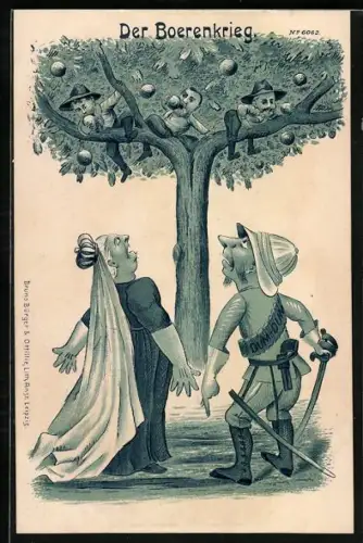Lithographie Der Boerenkrieg, Königin & Offizier befehlen Männern v. Baum zu kommen, Burenkrieg