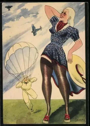 Künstler-AK sign. Burattin: Art Deco, Frau wartet auf einem Fallschrimspringer