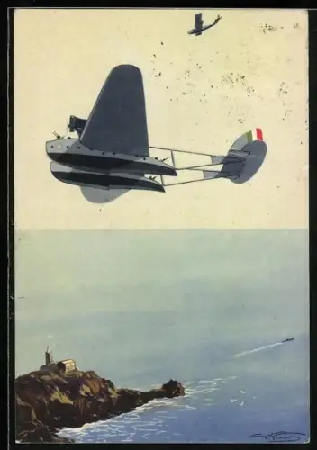 Künstler-AK Italienisches Militär-Wasserflugzeug im Fluge über Felsenkap
