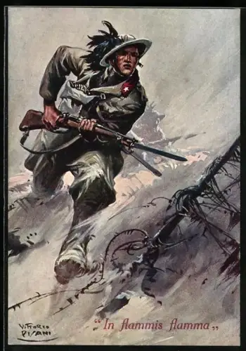 AK 10. Reggimento Bersaglieri, Infanterist überwindet Stacheldraht-Hinderniss