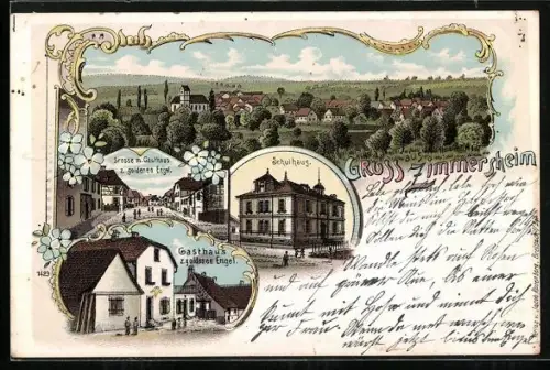 Lithographie Zimmersheim, Gasthaus zum goldenen Engel, Schulhaus und Strassenpartie