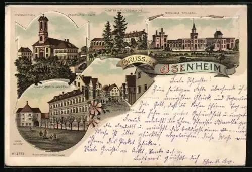 Lithographie Isenheim, Taubstummen-Anstalt, Fabrik Gast, Spinnerei, Hauptstrasse, Kloster
