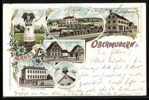 Lithographie Obermodern i. E., Geschäft von G. Widmann, Obermoderer Bauernhaus, Neues Schulhaus, Bahnhof