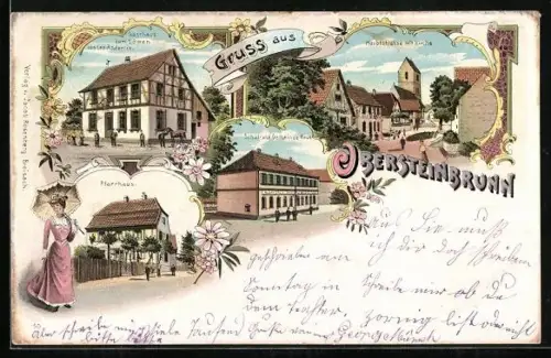 Lithographie Obersteinbrunn, Gasthaus von Moritz Häfflinger, Hauptstrasse mit Kirche, Schule und Gemeindehaus