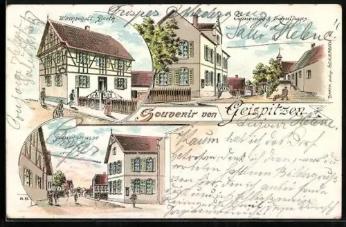 Lithographie Geispitzen, Gasthaus Barth, Hauptstrasse, Gemeinde- und Schulhaus