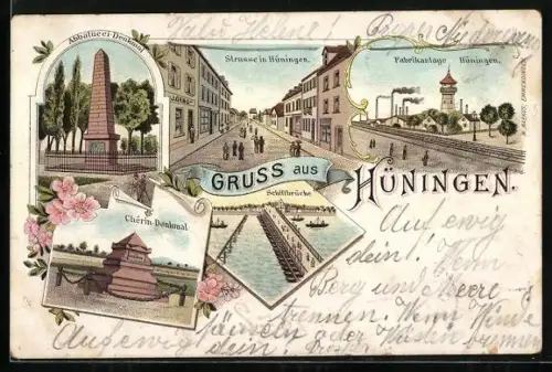 Lithographie Hüningen, Strassenpartie mit Geschäft vin J. Geng, Fabrikanlage, Chérin-Denkmal, Schiffbrücke