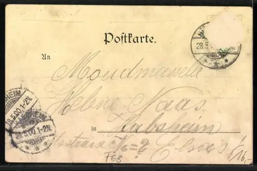 Lithographie Hüningen, Strassenpartie mit Geschäft vin J. Geng, Fabrikanlage, Chérin-Denkmal, Schiffbrücke