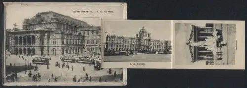 Leporello-AK Wien, K. k. Hofoper mit Strassenbahnen, Universität, Parlament, Rathaus, Votivkirche