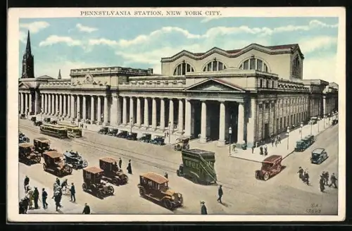 AK New York, NY, Pennsylvania Station, Strassenbahnen vor dem Bahnhof