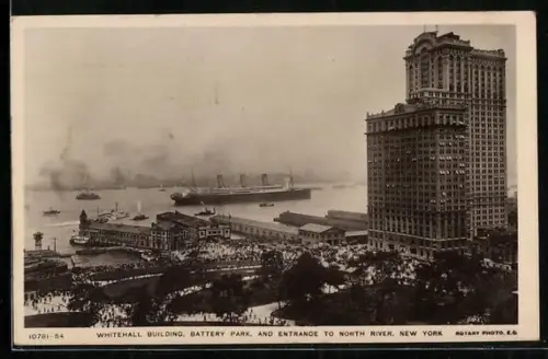 AK New York, Whitehall Building, Battery Park and Entrance to North River, Schiffe