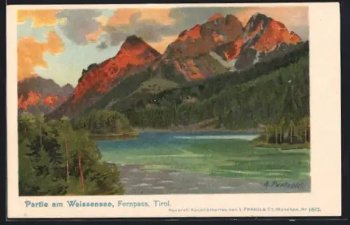 Künstler-Lithographie A. Paetzold: Partie am Weissensee