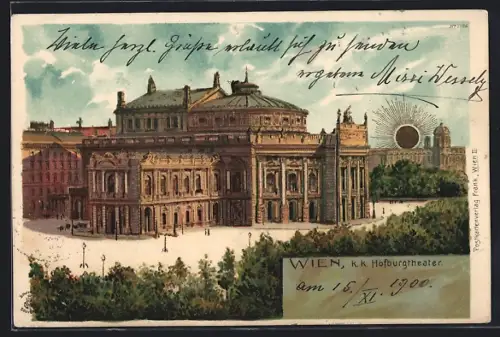 Lithographie Wien, Hofburgtheater aus der Vogelschau, mit goldener Sonne