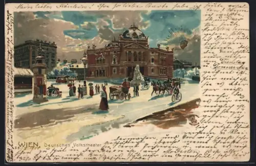 Lithographie Wien, Deutsches Volkstheater mit Passanten im Winter