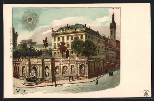 Lithographie Wien, Albrechtsplatz mit Strasse, Reiterstatue und Denkmal aus der Vogelschau, mit goldener Sonne