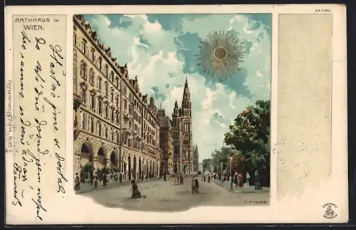 Lithographie Wien, Strassenpartie am Rathaus