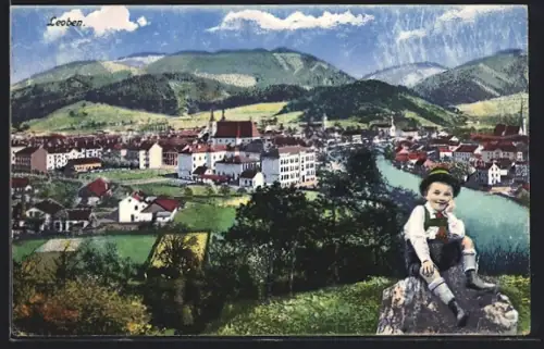 AK Leoben, Gesamtansicht mit Trachtenbub