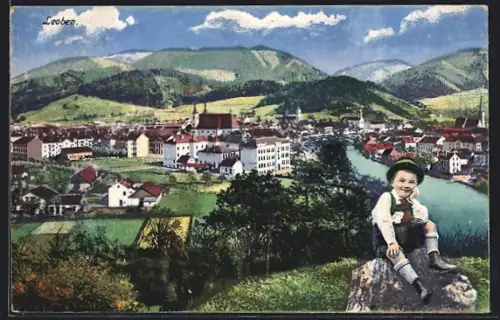 AK Leoben, Ortsansicht mit Trachtenbub
