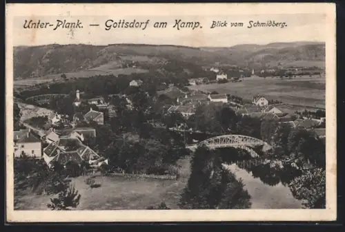 AK Unter-Plank, Gottsdorf am Kamp, Ortsansicht mit Brücke vom Schmidberg aus