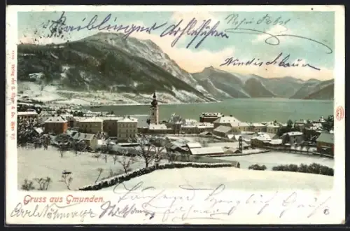 AK Gmunden, Totalansicht mit Seeblick im Winter