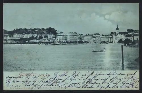 Mondschein-AK Gmunden, Stadtpanorama vom See aus