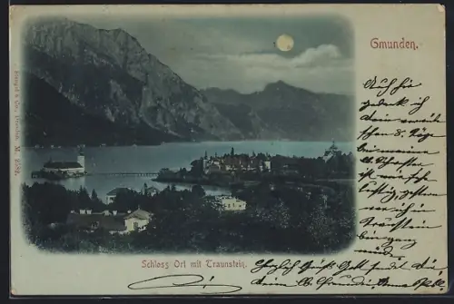 Mondschein-AK Gmunden, Schloss Ort mit Traunstein