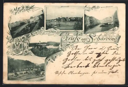 AK Schärding, Vornbach, Unterer Stadtplatz, Wernstein u. Neuburg, Wappen