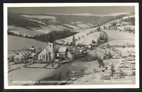 AK Hirschegg, Ortsansicht mit Hirscheggalpe im Winter